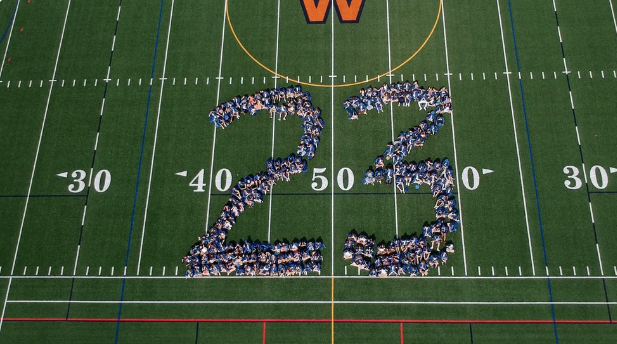 Drone shot of students forming "23" on field